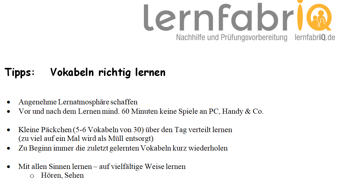 Vokabeln richtig lernen, Tipps von der lernfabriQ Kempten. Nachhilfe und Prüfungsvorbereitung.